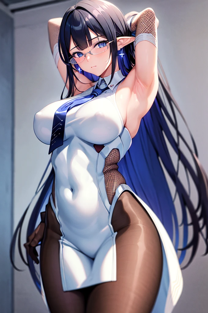 ((masterpiece)),((Highest quality)),High resolution,Highly detailed CG,Perfect lighting,8k wallpaper, One Girl,Alone, rin, Halation, sleeveless, necktie, white dress, hose, maturle, earrings, glasses,Bare arms,Cowboy Shot,looking at the camera,Very large breasts,Ver breasts,Very thickong Hair,Show your armpits,Place both hands behind your head,