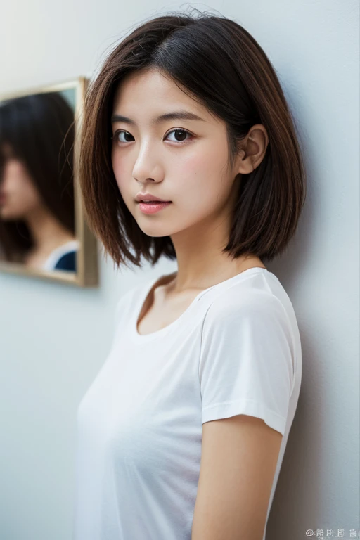 lens: 135mm f1.8,(Highest quality), (Beautiful 14 year old Japanese girl), (Moisturized lips), Narrow eyes, double eyelid,Delicate clavicle,Flat Chest,Very short hair,
(Let me me me'Let me me'Let me'Let's take another look), shame, A faint smile,
(In front of a white wall:1.2), Professional Lighting,
(Japanese 、White T-shirt), (Sunburned skin:0.2),Full body photo、Full Body Focus