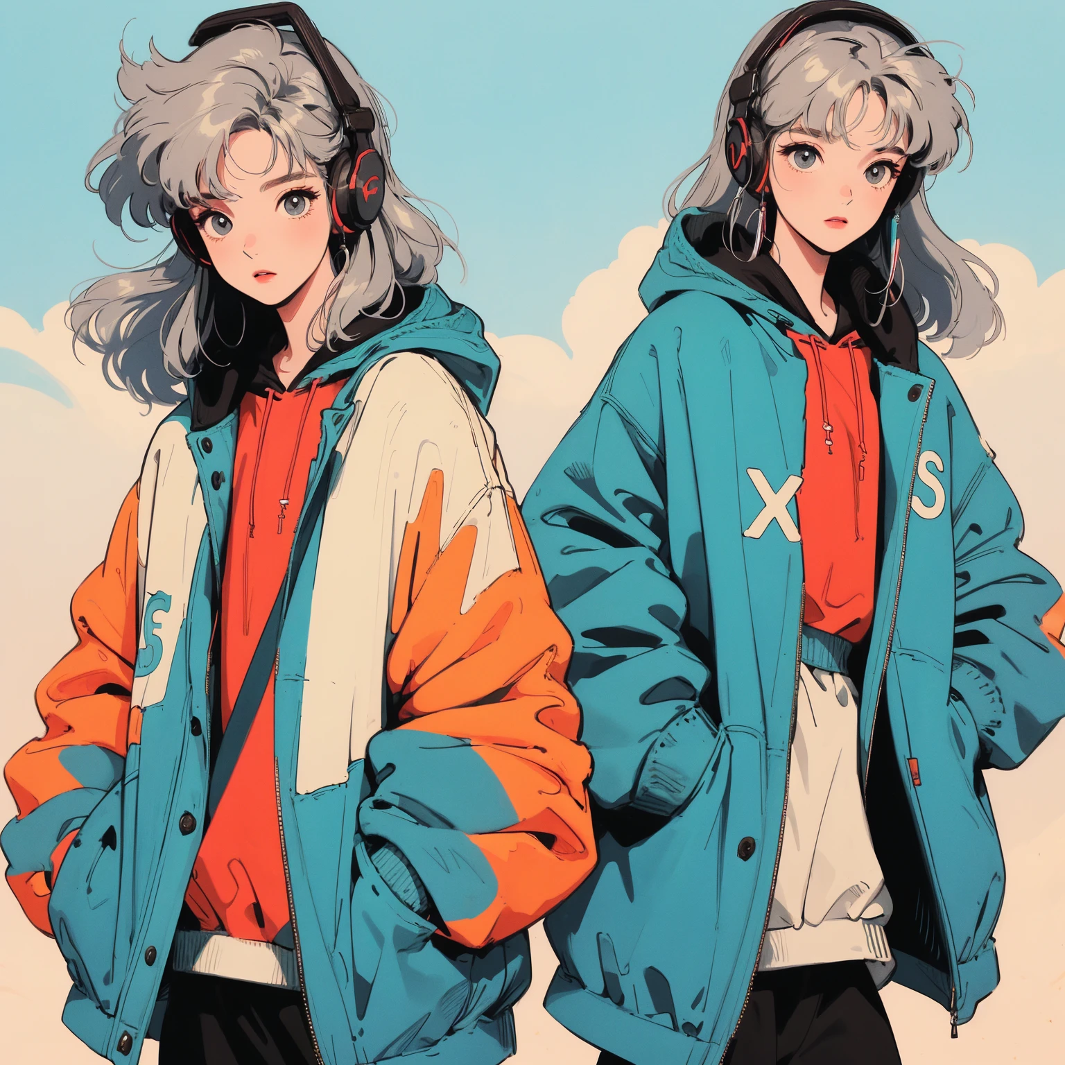 "Illustration of a girl wearing headphones, standing with her hands tucked into the pockets of a hoodie that has 'Lofi Yurie' written on it. She is posing against a background of a clear blue sky. The style is vibrant and detailed, with emphasis on the girl's relaxed yet confident posture. Her hair flows naturally, and her expression is calm and serene. The hoodie should have a cozy, comfortable look, and the overall vibe of the illustration should be soothing and chill."