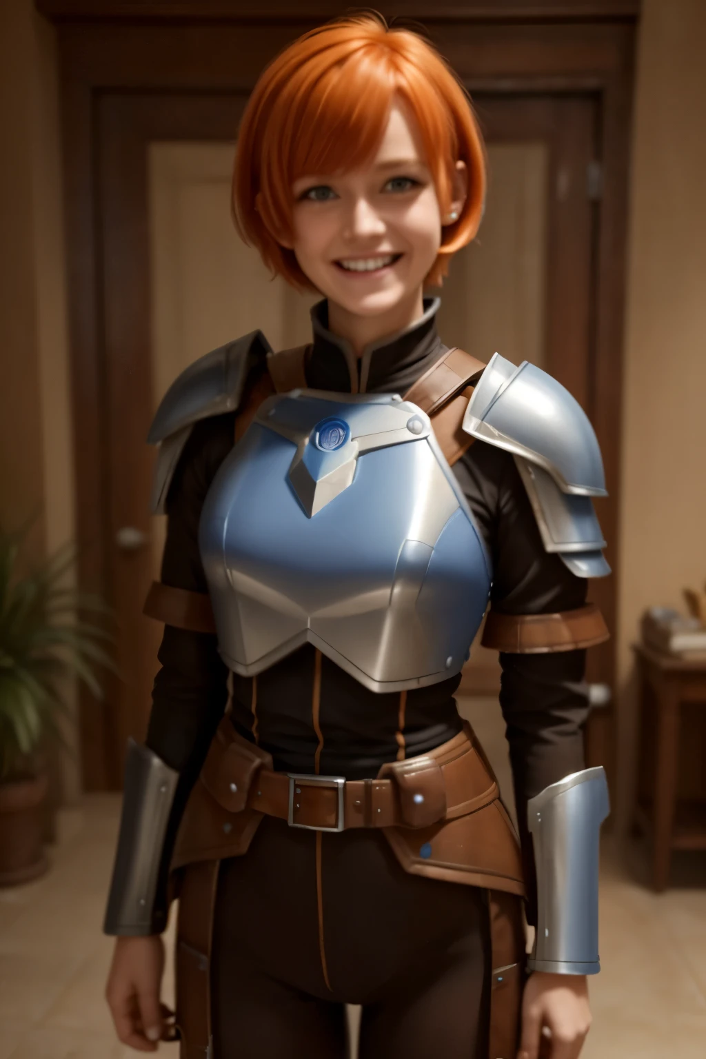 Masterpiece, best quality, Gwendolyn_tennyson, short orange hair, sideswept bangs, blue hairclip, laughing, blue body armor