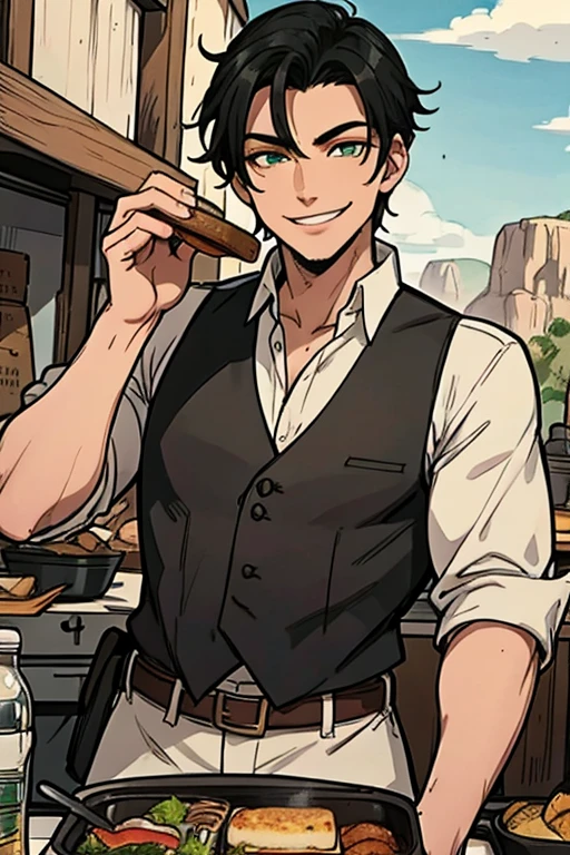 A muscular black haired man with green eyes in a sheriff's outfit is making lunch in the desert of a wild west town with a smile is exploring a mine with a big smile