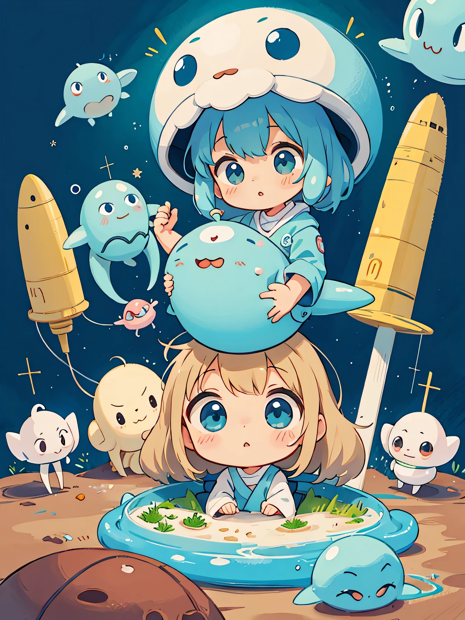 hayao miyazaki style, Kawaii Design, The most beautiful girl of all time、chibi, (((Cute Aliens))) , playing with Alierns, Mars exploration