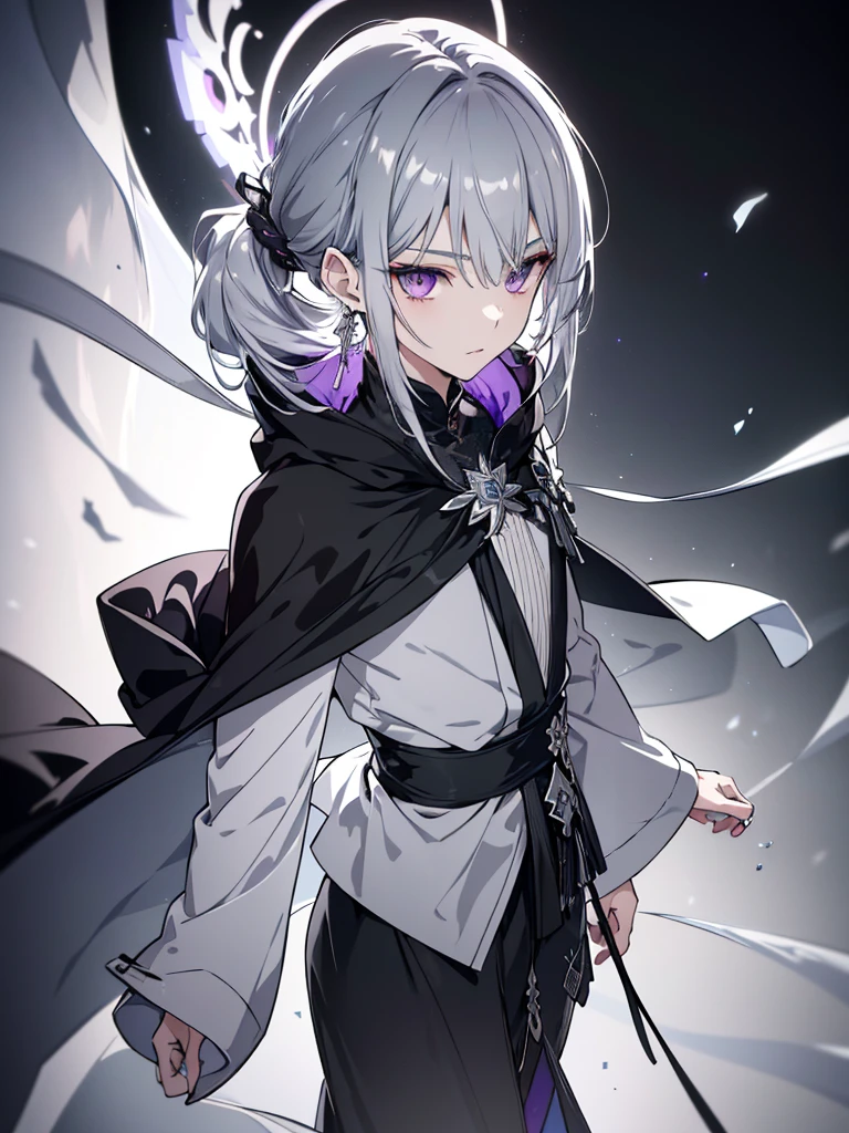 8k,High resolution RAW color art,Anime Art, (((Very detailed and cool))), Detailed skin, Blur、texture,(Exquisitely crafted, The finer details, Ultra-detailed art), (((One boy))), Depth of written boundary, Silky Touch, Hyper Detail, (((Cool face))), eye shadow、Silver Marble Skin, Beautifully detailed purple eyes, Beautiful lip detail, Very delicate face, Delicate depiction of hair and eyes, Detailed Fashion, Silver earrings,Silver Bracelet、Full body depiction, Black high neck、black waist cloak、 Grey Hair、Semi-long hair、ponytail、(((Hair)))、water surface、silk clotheatte、Soft clothes、cool、Food、Wear warm clothes、Halo