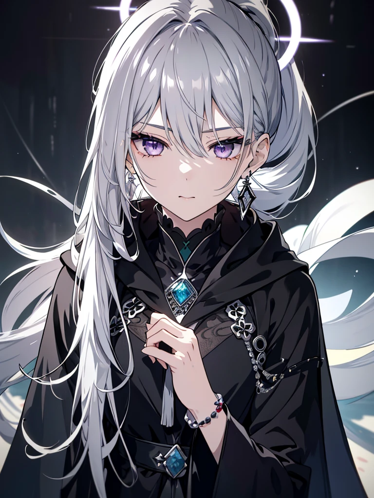 8k,High resolution RAW color art,Anime Art, (((Very detailed and cool))), Detailed skin, Blur、texture,(Exquisitely crafted, The finer details, Ultra-detailed art), (((One boy))), Depth of written boundary, Silky Touch, Hyper Detail, (((Cool face))), eye shadow、Silver Marble Skin, Beautifully detailed purple eyes, Beautiful lip detail, Very delicate face, Delicate depiction of hair and eyes, Detailed Fashion, Silver earrings,Silver Bracelet、Full body depiction, Black high neck、black waist cloak、 Grey Hair、Semi-long hair、ponytail、(((Hair)))、water surface、silk clotheatte、Soft clothes、cool、Food、Wear warm clothes、Halo
