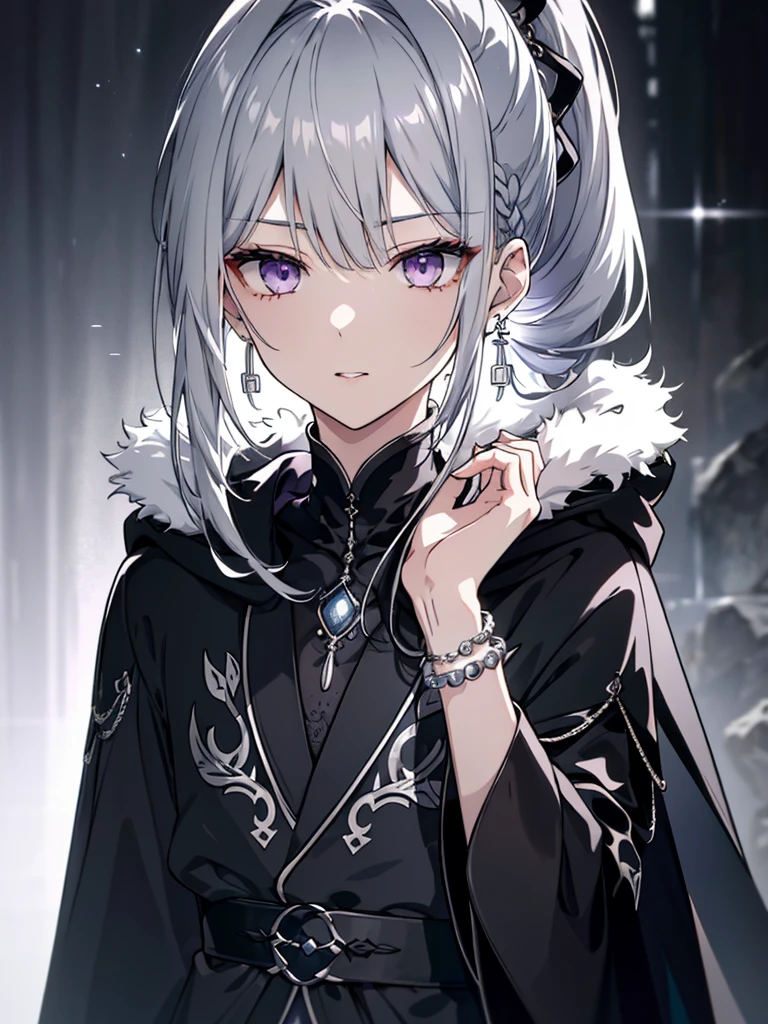 8k,High resolution RAW color art,Anime Art, (((Very detailed and cool))), Detailed skin, Blur、texture,(Exquisitely crafted, The finer details, Ultra-detailed art), (((One boy))), Depth of written boundary, Silky Touch, Hyper Detail, (((Cool face))), eye shadow、Silver Marble Skin, Beautifully detailed purple eyes, Beautiful lip detail, Very delicate face, Delicate depiction of hair and eyes, Detailed Fashion, Silver earrings,Silver Bracelet、Full body depiction, Black high neck、black waist cloak、 Grey Hair、Semi-long hair、ponytail、(((Hair)))、water surface、silk clotheatte、Soft clothes、cool、Food、Wear warm clothes、Halo