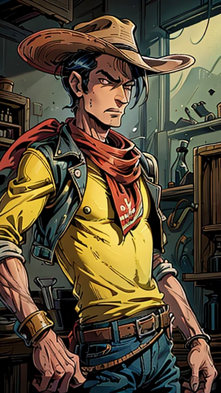 (1man, Lucky luke, yellow top, black jacket, jean, cowboy hat, red bandana), (extremely detailed CG unit 8k wallpaper),(master part), (best quality), (ultra detail), (best illustration),(melhor ombre), cowboy shot, (Sharp eyeliner, ombre, detail eyes), Biopunk style wild west saloon interiors background, ,break , (BiopunkAI), upper body, short hair, black hair