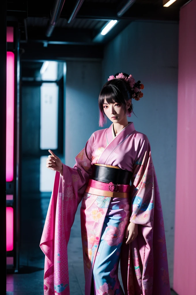 Japanese cyberpunk high fashion of Oiran kimono cool girl, kimono punk, cyberpunk, pink and blue neon color, full body standing, (Dynamic light and shadow, High resolution, Sharp focus, Depth of written boundary), against bright pink background