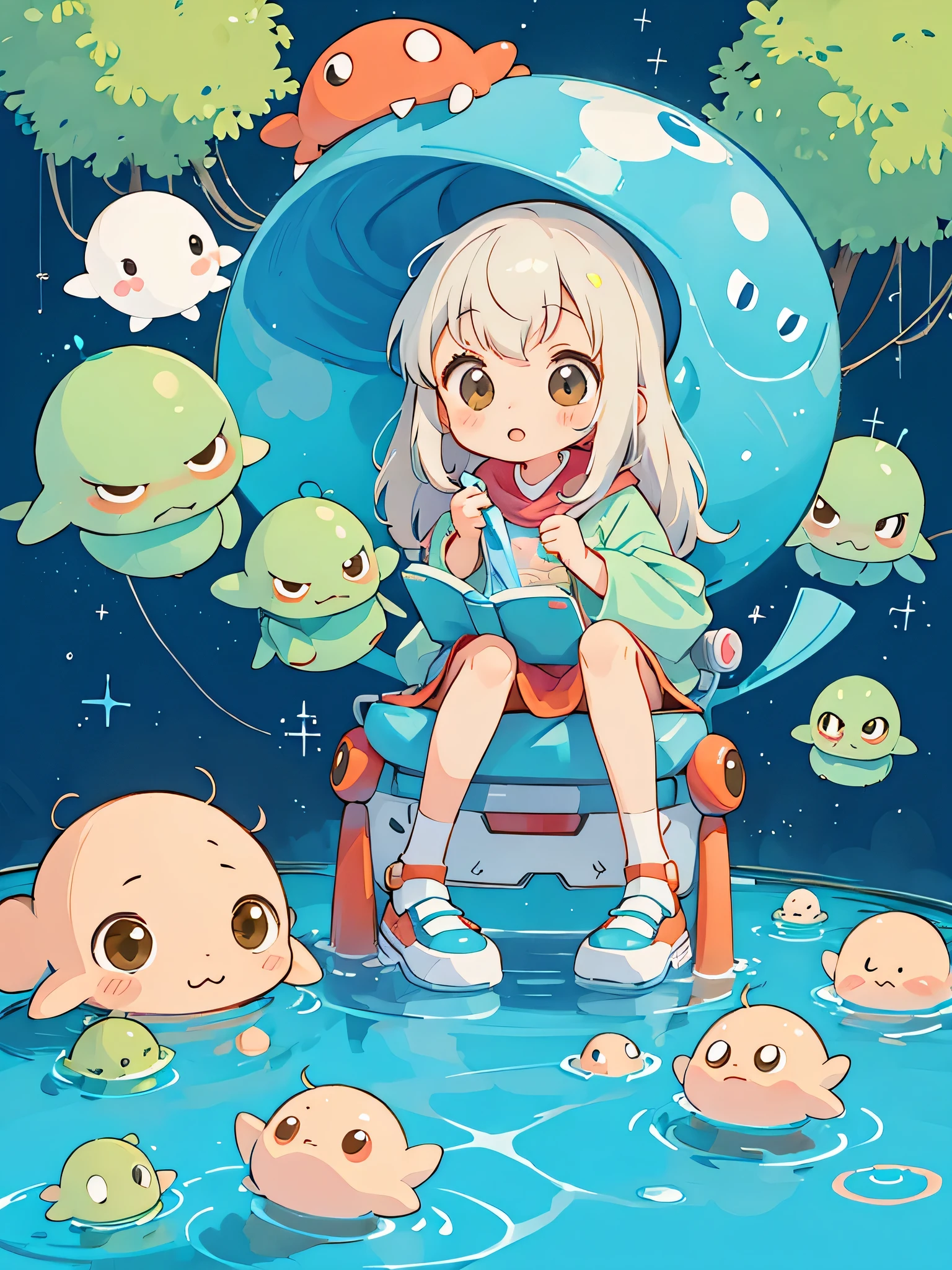 hayao miyazaki style, Kawaii Design, The most beautiful girl of all time、chibi, (((Cute Aliens))) , playing with Alierns, Mars exploration