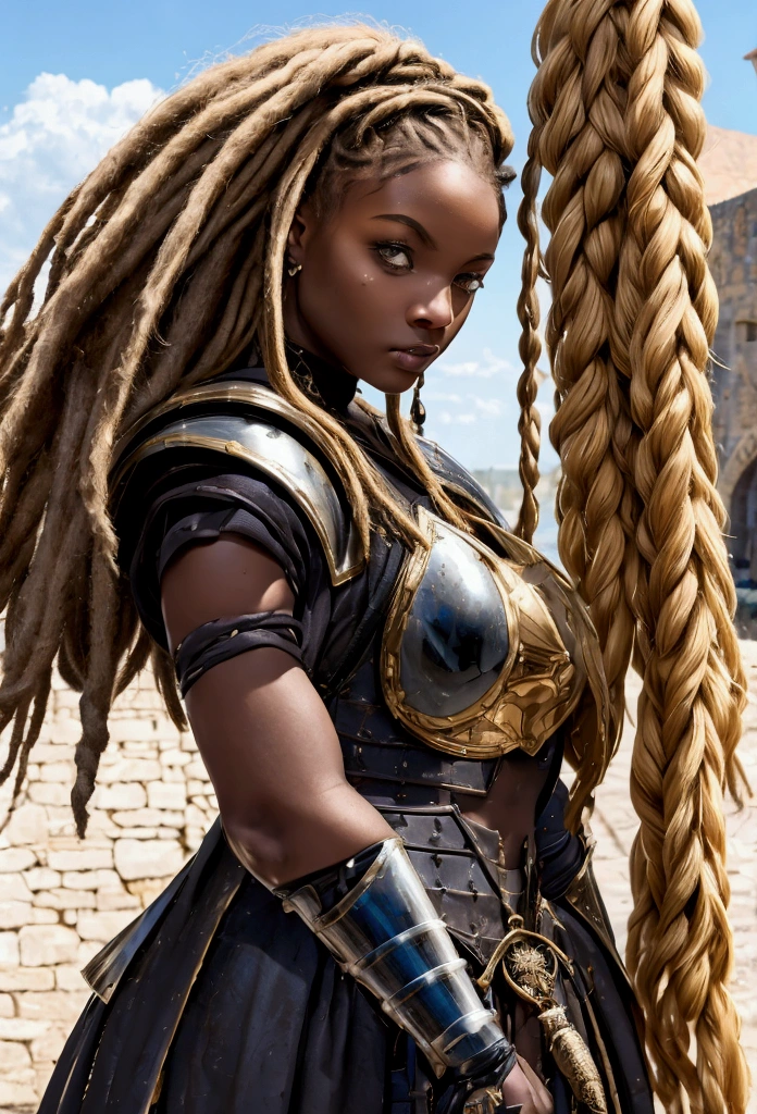 18 year old black woman、Beauty、Blonde、Blonde、Warrior in armor、Completely naked、Dreadlocks、background Medieval port town、High quality p