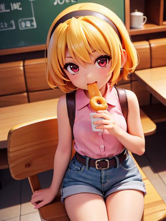 Eating a donut, Cafe, Sit on a chair, Satoko Hojo, One Girl, (blonde), Red eyes, short hair, hair band, Small breasts,  alone, Little, Little figure, Collared shirt,Sleeveless shirt,Pink Shirt, White Belt, Denim shorts