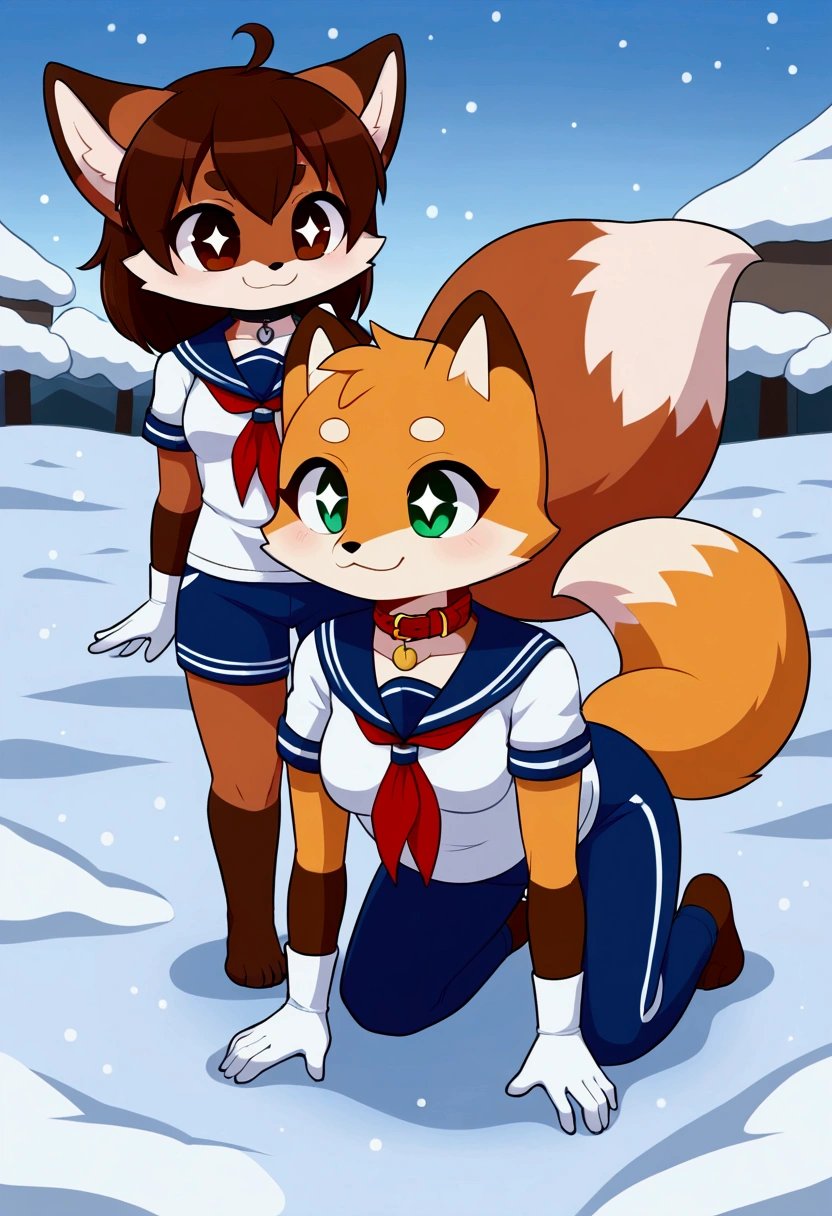 2girls, fox and tanuki, furry, bodyfur, tail, collar, sailor suit, short sleeves, jersey pants, long pants, white gloves, barefeet, chibi, sparkling eyes, full body, snow, all fours