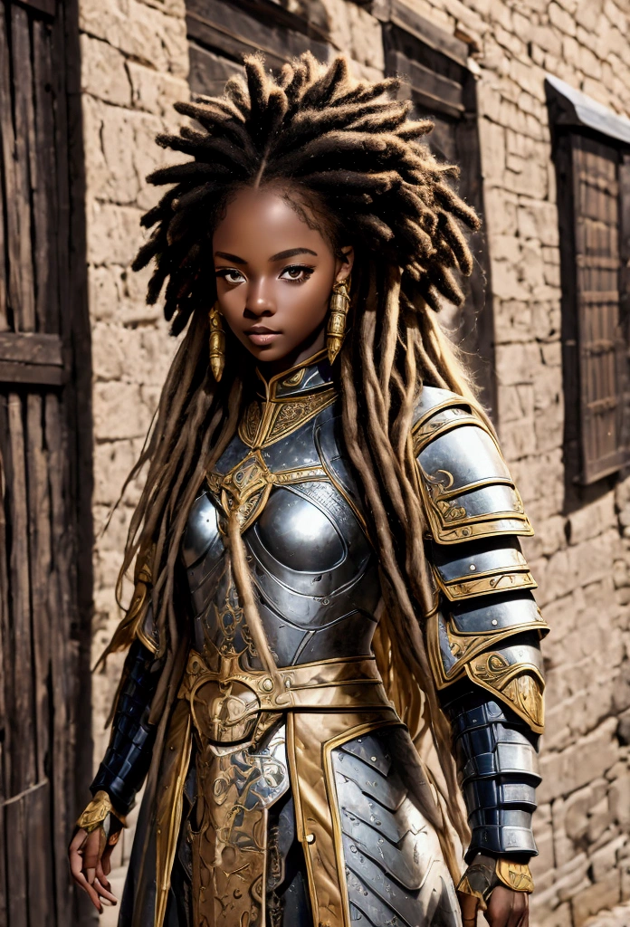 18 year old black woman、Beauty、Blonde、Blonde、Warrior in armor、Completely naked、Dreadlocks、background　Medieval port town、High quality p