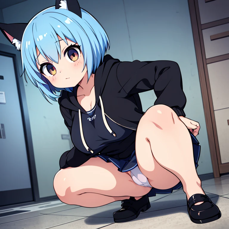 anime girl with blue hair, anime moe artstyle, Wearing a hoodie, rogue anime girl ayanami rei, 2 d anime style, anime style, Kantai Collection Style, the anime girl is crouching, beautiful anime girl squatting, too Massive peeing, wet pussy wet her pants, incontinence, wearing a black jacket with a hood made of animal ears and eyes, Well good, no panty, black pantyhose with thighs visible, Panty shot, 1 girl, blue hair in short bob cut hair, dark brown eyes, lively, cheerful innocent, too large big emphasized breasts that show a lot of skin, boyish, cute, sporty, breasts that seem to stick out, open-chested showing off cleavage sexy clothes, risqué clothing, too short miniskirt, high beams, facial massive cumshot, facial massive huge sperm, 