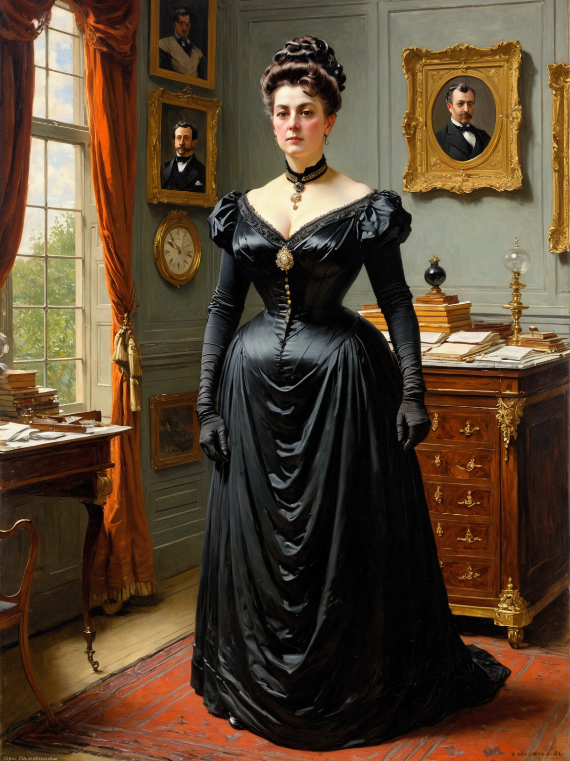 Full-length view, a tall, buxom, full-figured, pretty Victorian mature widow in a black dress and opulent updo hairstyle, standing in a Victorian office looking strict, by Jean Béraud, inspired by Jean Béraud, inspired by Édouard Detaille, edouard leon cortes, inspired by Ivan Kramskoi, inspired by Jean-Louis-Ernest Meissonier, by Édouard Detaille, inspired by Paul Émile Chabas