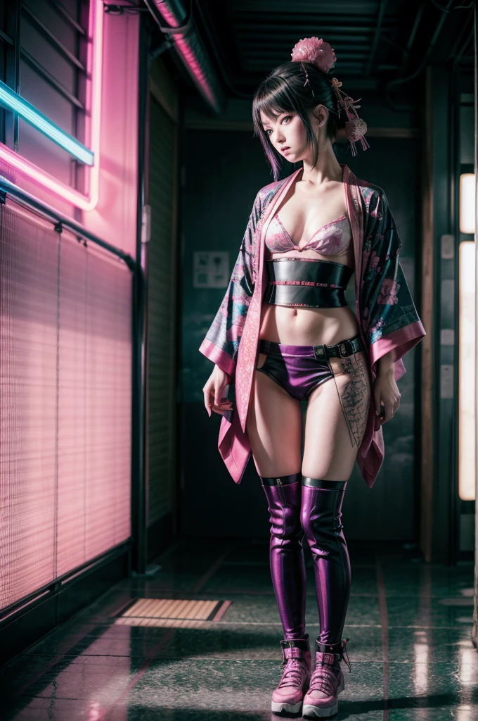 Japanese cyberpunk high fashion of Oiran kimono cool girl, kimono punk, cyberpunk, pink and blue neon color, full body standing, (Dynamic light and shadow, High resolution, Sharp focus, Depth of written boundary), against bright pink background