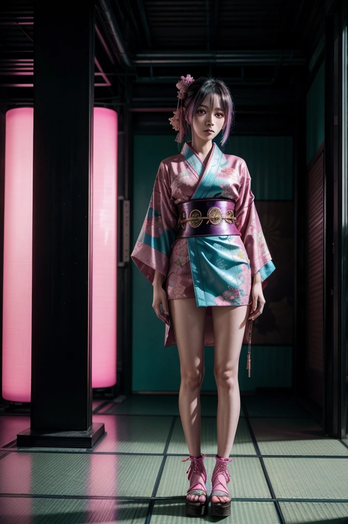 Japanese cyberpunk high fashion of Oiran kimono cool girl, kimono punk, cyberpunk, pink and blue neon color, full body standing, (Dynamic light and shadow, High resolution, Sharp focus, Depth of written boundary), against bright pink background