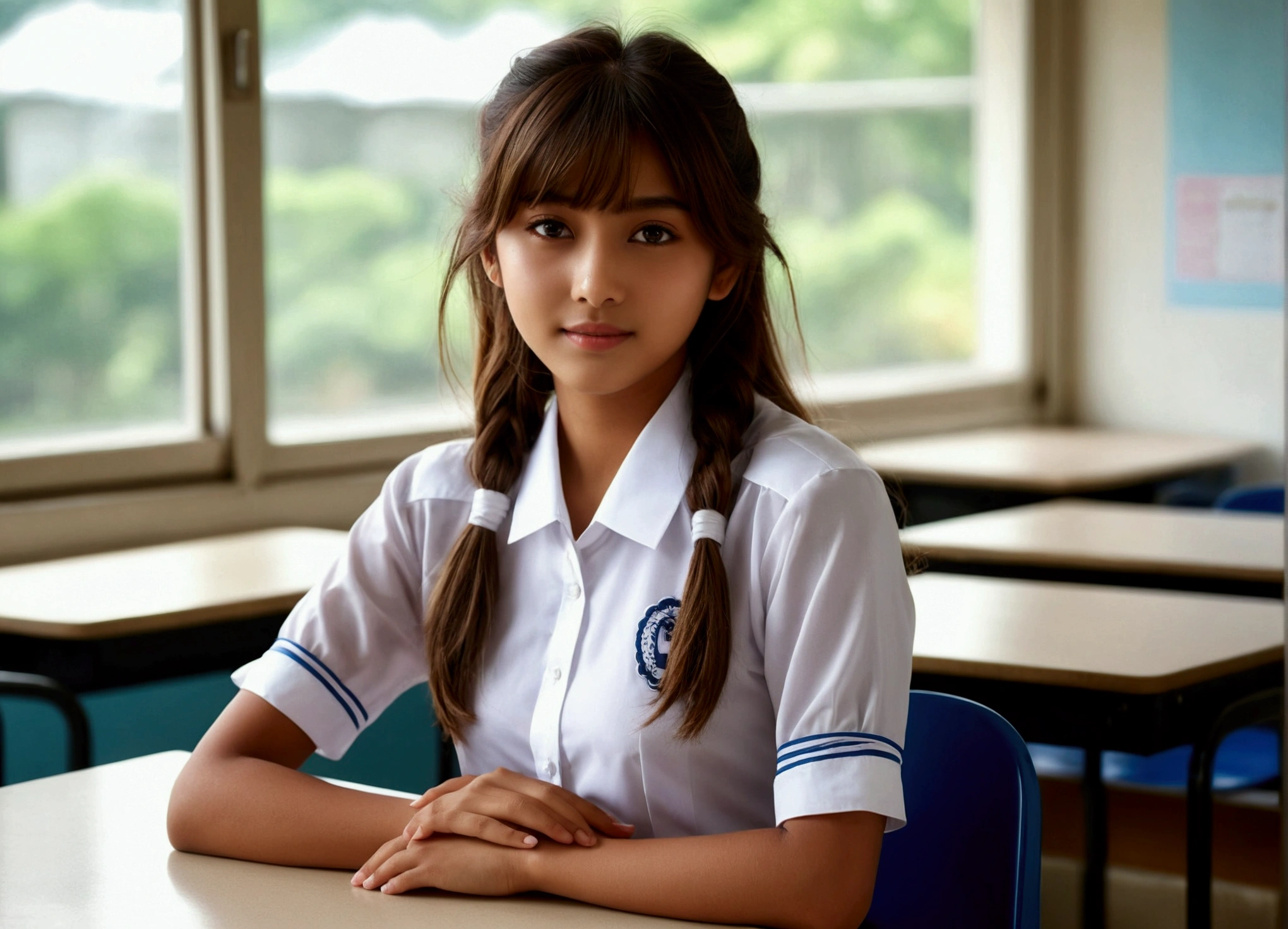 Portrait of a young Indian high school girl, Desks in the classroom,Chair,window, A high school girl wearing a white summer blouse uniform,(Detailed skin:1.2),(Glowing Skin:1.1),Highest quality, masterpiece, Ultra-high resolution,(Realistic:1.4), RAW Photos,(Soft Saturation:1.3),(Fair skin:1.2), One Japanese idol,Thin lips, Brown eyes, (View your viewers), , Detailed face, Perfect female body, Her semi-long hair is tied behind both ears,Hair swaying softly in the wind, Asymmetrical bangs, Light brown hair, 非常にDetailed face,Large Breasts,whole body,Knee-length skirt,A happy smile