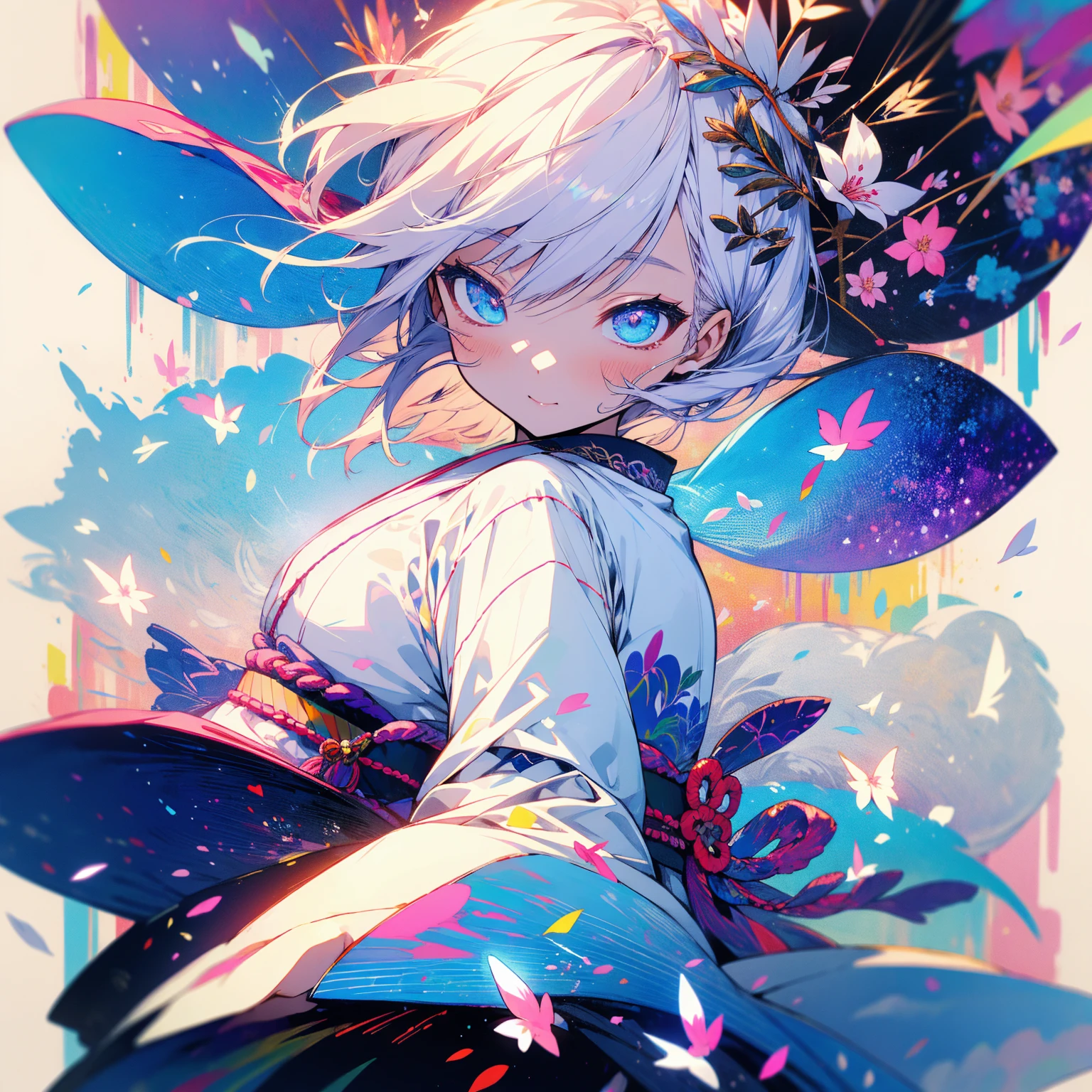 Japanese clothing、woman、Fantasy、音符がdanceう、flower、dance、dance踊、music、Angel、White Hair、Colorful kimonos、