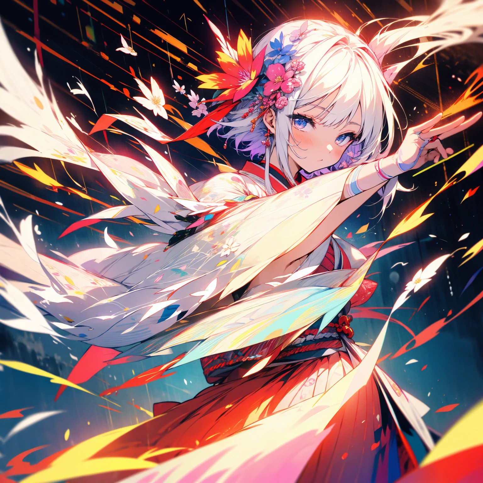 Japanese clothing、woman、Fantasy、音符がdanceう、flower、dance、dance踊、music、Angel、White Hair、Colorful kimonos、