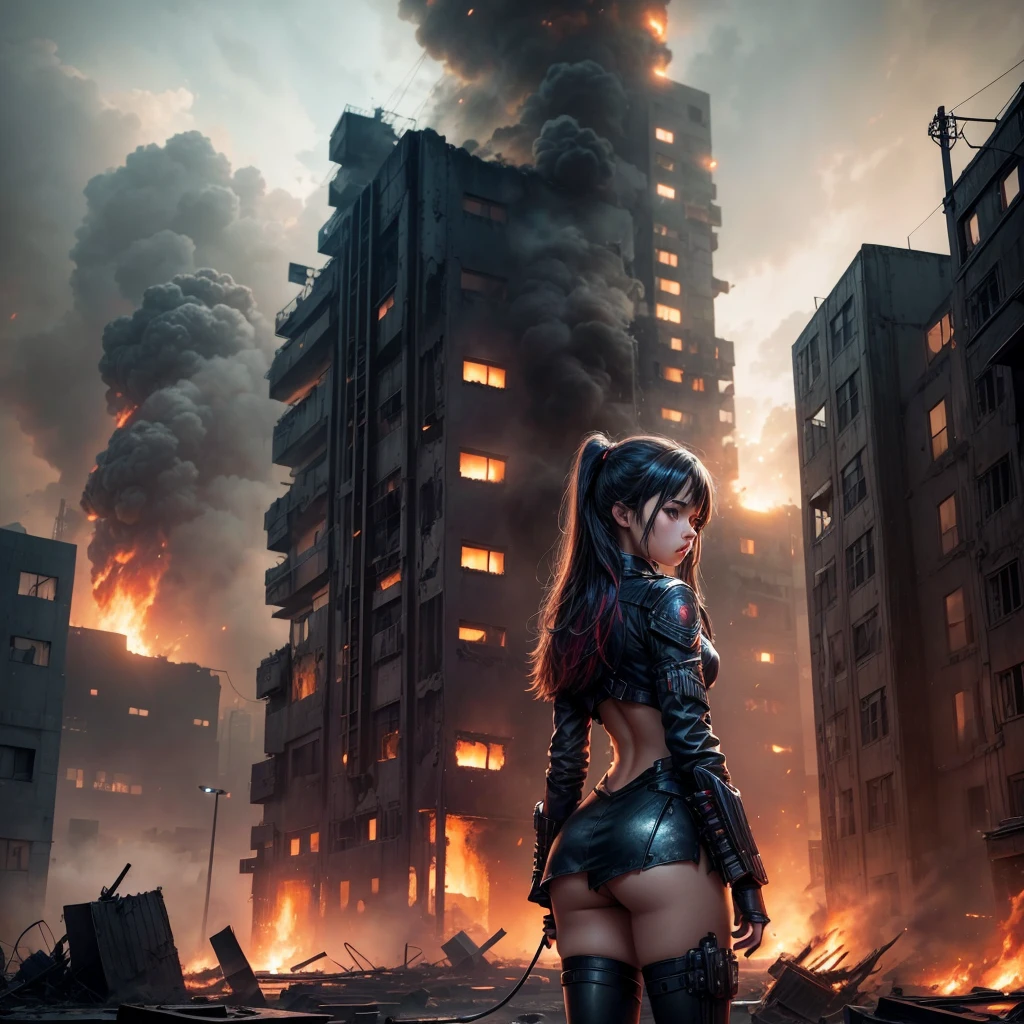 NSFW, sexy, A young girl stands in a devastated city, looking calm and melancholic. She is wearing a dirty navy blazer . Her back has wings made of thin metal plates, which shimmer like fairy wings in the light. Her left hand has been modified into a futuristic machine gun, seamlessly integrated into her shoulder. The scene captures her from an inclined angle, emphasizing the dramatic and intense atmosphere of the setting. The background shows burning buildings and widespread destruction, enhancing the overall somber mood. The illustration is done in a realistic anime style, with rich details and vibrant colors