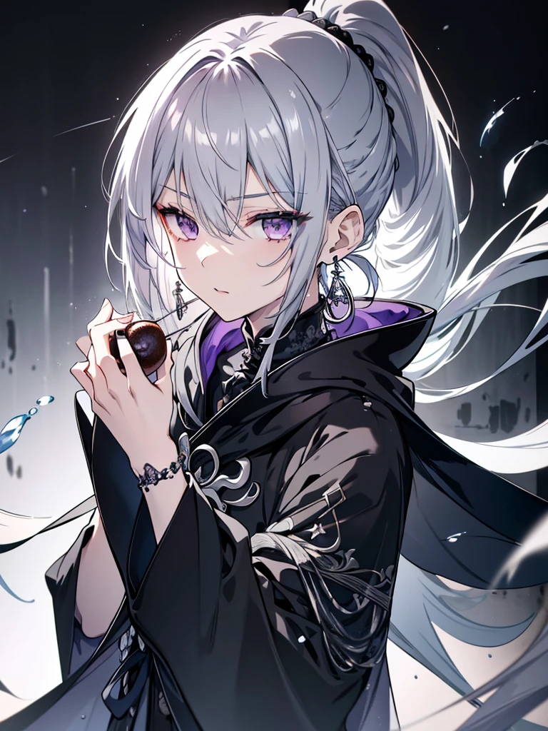 8k,High resolution RAW color art,Anime Art, (((Very detailed and cool))), Detailed skin, Blur、texture,(Exquisitely crafted, The finer details, Ultra-detailed art), (((One boy))), Depth of written boundary, Silky Touch, Hyper Detail, (((Cool face))), eye shadow、Silver Marble Skin, Beautifully detailed purple eyes, Beautiful lip detail, Very delicate face, Delicate depiction of hair and eyes, Detailed Fashion, Silver earrings,Silver Bracelet、Full body depiction, Black high neck、black waist cloak、 Grey Hair、Semi-long hair、ponytail、(((Hair)))、water surface、silk clotheatte、Soft clothes、cool、Food、Wear warm clothes、Halo
