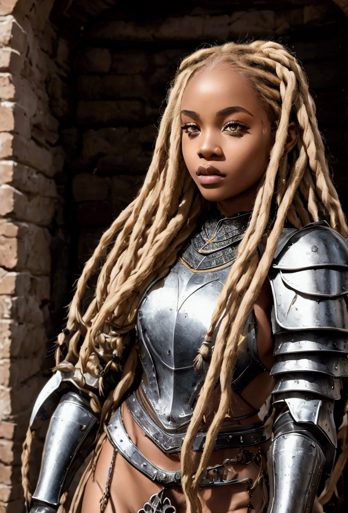 18 year old black woman、Beauty、Blonde、Blonde、Warrior in armor、Completely naked、Dreadlocks、background　Medieval port town、High quality p