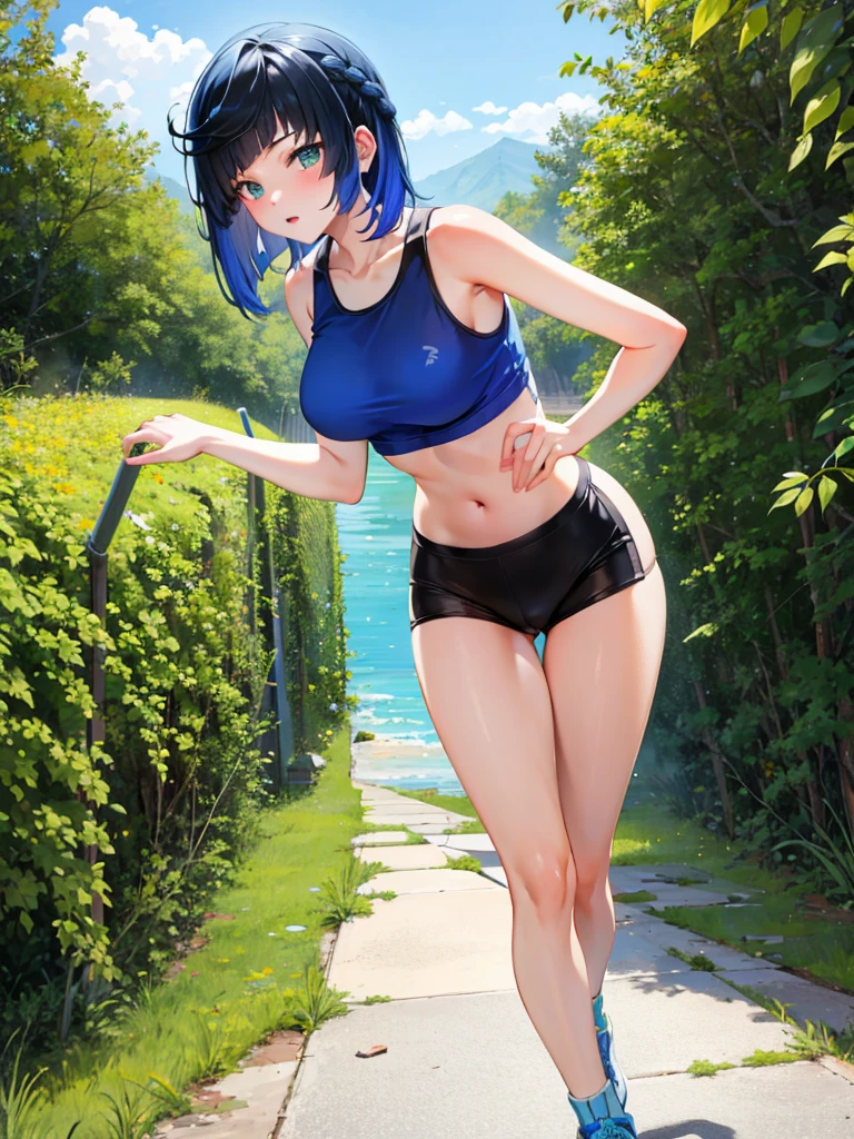 ((tmasterpiece,best qualtiy)), (1girll),((a matural female)),blue hairs,By bangiddlebreast,(plumw)sporty attire,Jogging exercise, ชุดรัดรูป, sexy girl, camel toe, นั่งยอง, กางขาออกเล็กน้อย,