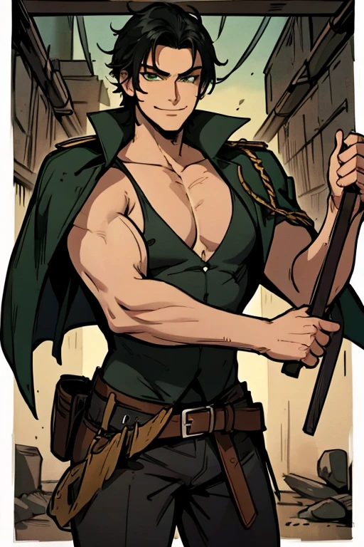 A muscular black haired man with green eyes in a sheriff's outfit is exploring an outlaw's den with a big smile