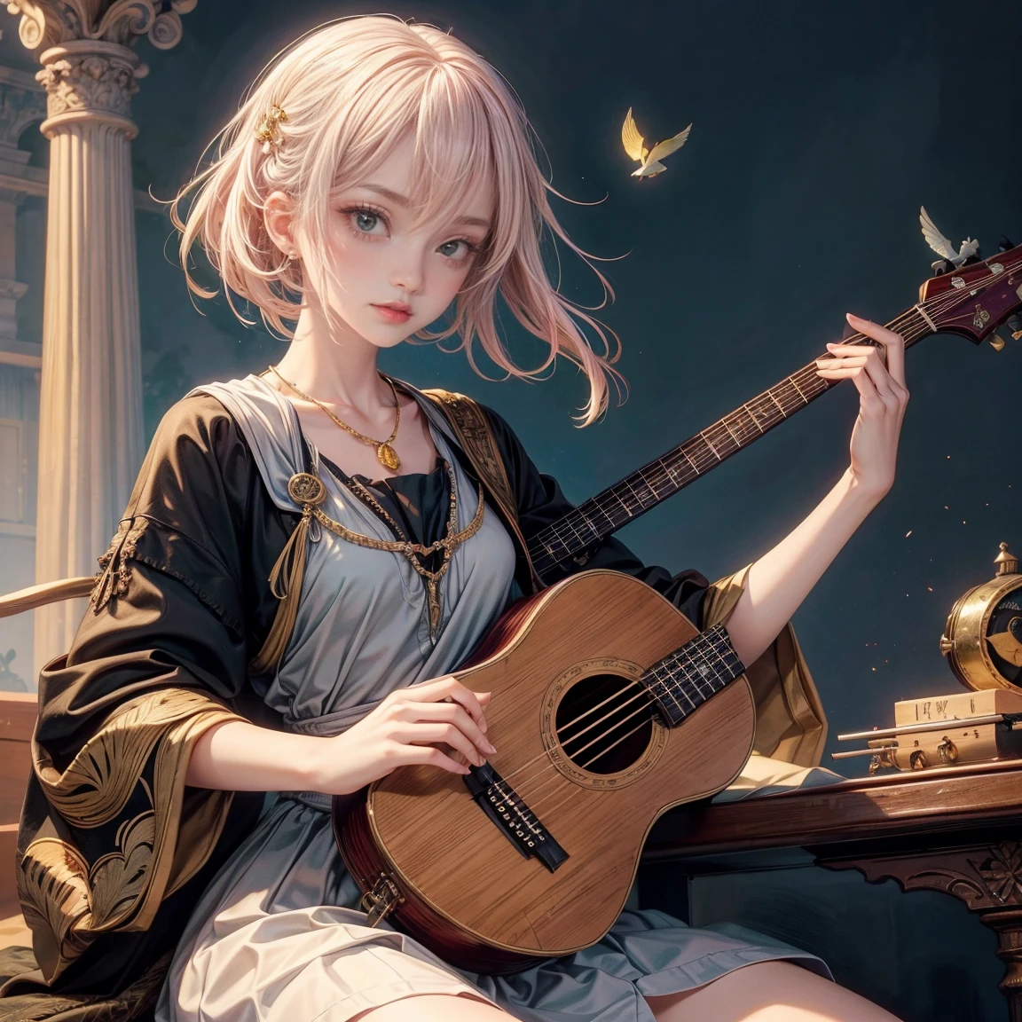 One girl, alone, Bird, lute, playing musical instrument, Baldur&#39;s Gate 3. musical instrument, sing, Official Art, unity 8k wallpaper, Super detailed, beautifully、aesthetic, masterpiece, Highest quality, Realistic, Fairy, Glow worms, In the woods of (fire Fly:1.3), Bonfire, Dark Theme,(Better Quality,4K,High resolution:1.2),Super detailedな, beautifully細かい目, Beautiful lip detail, Highly detailed eyes and face, Long eyelashes, 1 female, Soft and warm sunlight, Flowing green dress, Loose, flowing hair, Floating notes, Increased contrast:1.1, Smooth bokeh:1.1, Playing the banjo, Musical note elements, looks fun,