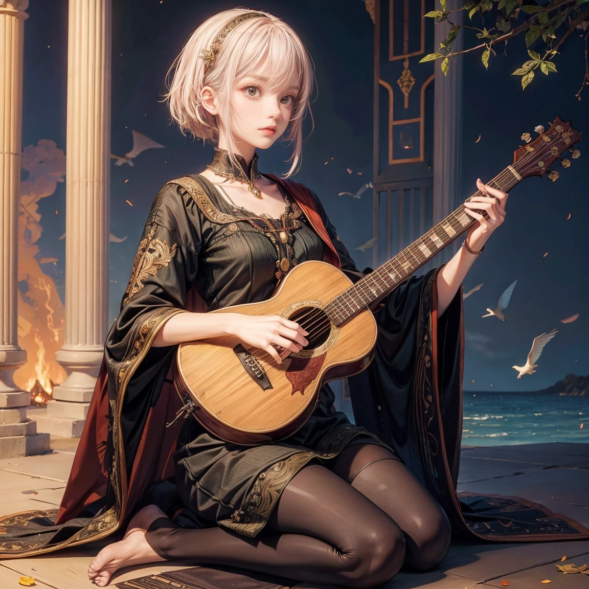 One girl, alone, Bird, lute, playing musical instrument, Baldur&#39;s Gate 3. musical instrument, sing, Official Art, unity 8k wallpaper, Super detailed, beautifully、aesthetic, masterpiece, Highest quality, Realistic, Fairy, Glow worms, In the woods of (fire Fly:1.3), Bonfire, Dark Theme,(Better Quality,4K,High resolution:1.2),Super detailedな, beautifully細かい目, Beautiful lip detail, Highly detailed eyes and face, Long eyelashes, 1 female, Soft and warm sunlight, Flowing green dress, Loose, flowing hair, Floating notes, Increased contrast:1.1, Smooth bokeh:1.1, Playing the banjo, Musical note elements, looks fun,