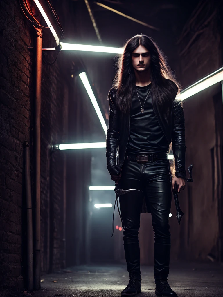 boy, long hair, blackquality hair,sword in hand,darkness background,dark alley,neon lig,Eyes red