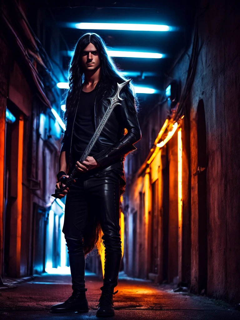 boy, long hair, blackquality hair,sword in hand,darkness background,dark alley,neon lig,Eyes red