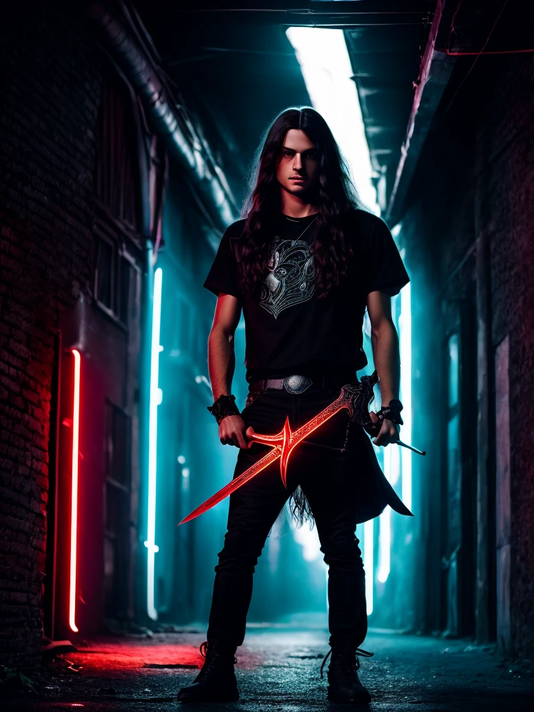boy, long hair, blackquality hair,sword in hand,darkness background,dark alley,neon lig,Eyes red 