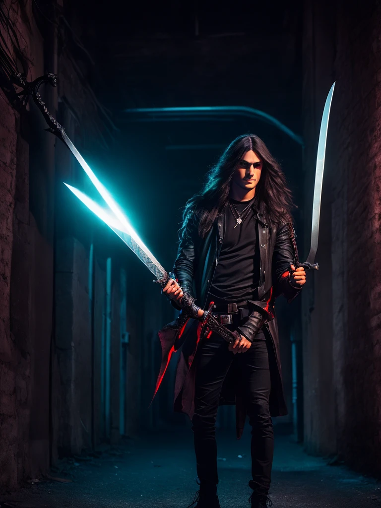 boy, long hair, blackquality hair,sword in hand,darkness background,dark alley,neon lig,Eyes red 