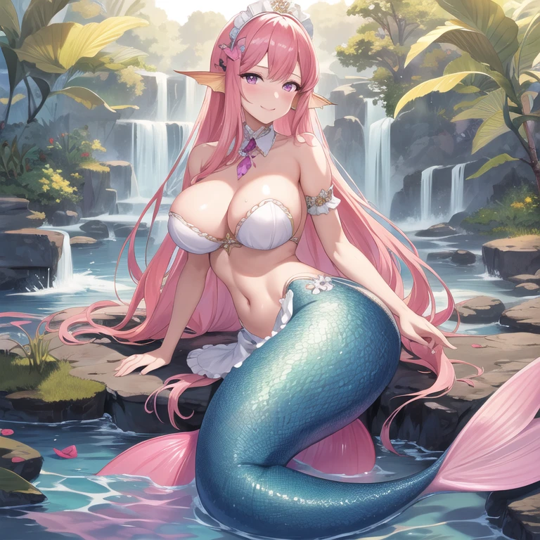 masterpiece, best quality,mature female, milf,looking at viewer,alluring, clean, beautiful face, shiny skin, skindentation,delicate pattern, intricate detail,
1girl,solo,mermaid, mermaid tail below waistline, pink mermaid tail, long hair, pink hair, purple eyes, fish ears, smile, upper body,maid hair ornament, bare shoulders, 
