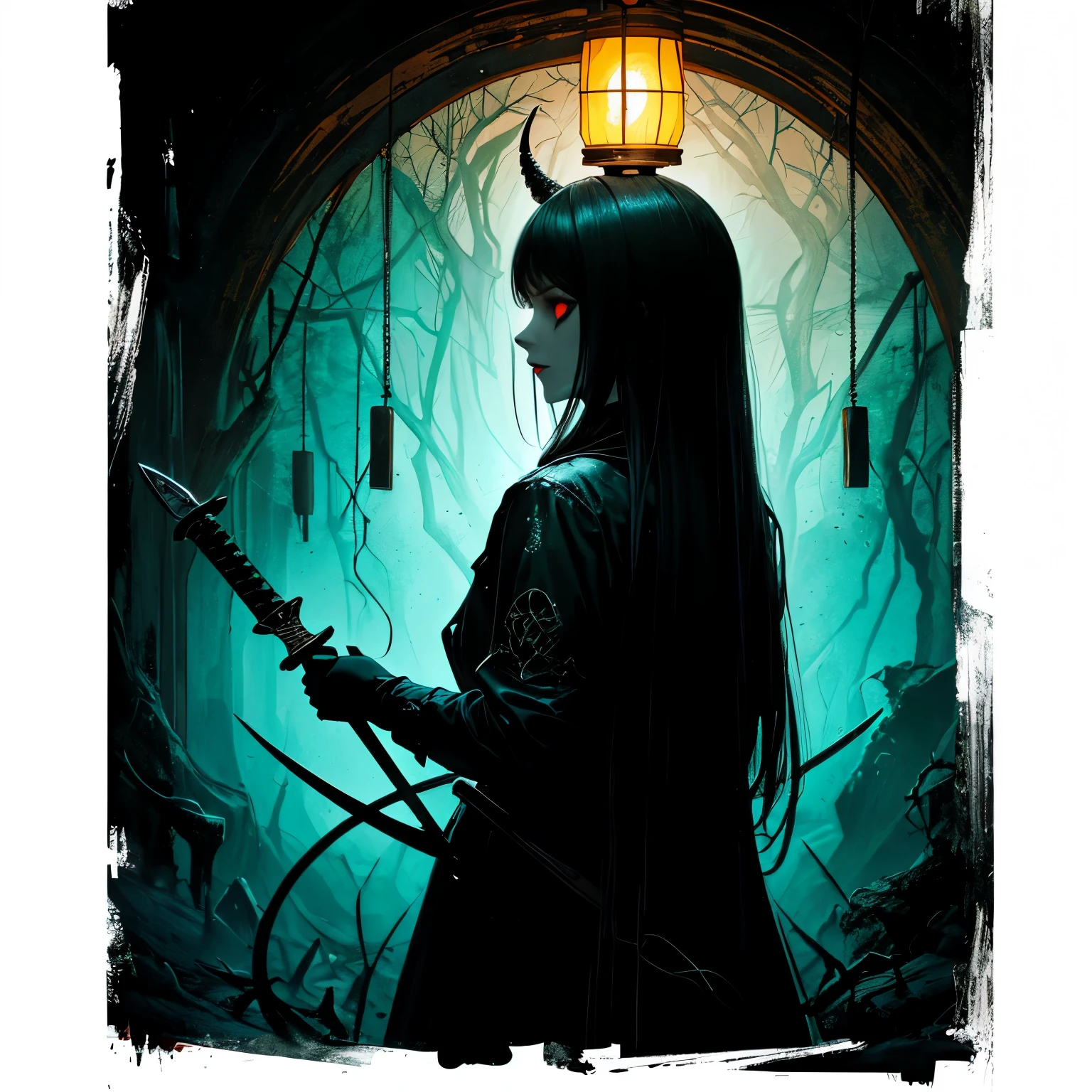 (best quality),(masterpieces),(horror art),(dark art),(devilish art)
Creepy girl (3/4profile picture)wearing dust coat ,in his back having sword,sword hanging a lantern (shape lantern)of devilish green fire, spreading darkness,dark background.