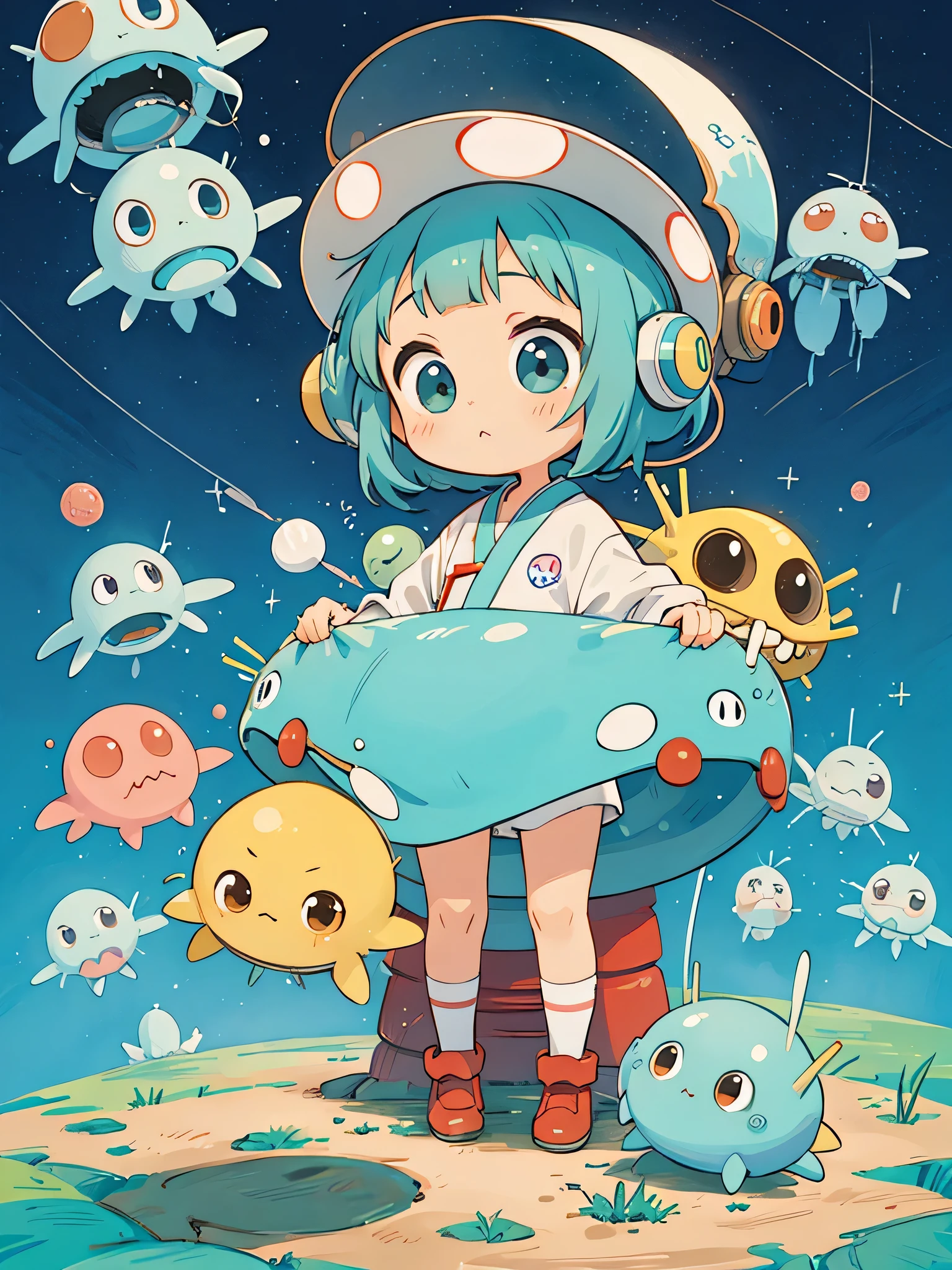 hayao miyazaki style, Kawaii Design, The most beautiful girl of all time、chibi, (((Good and bad aliens))) , Mars exploration