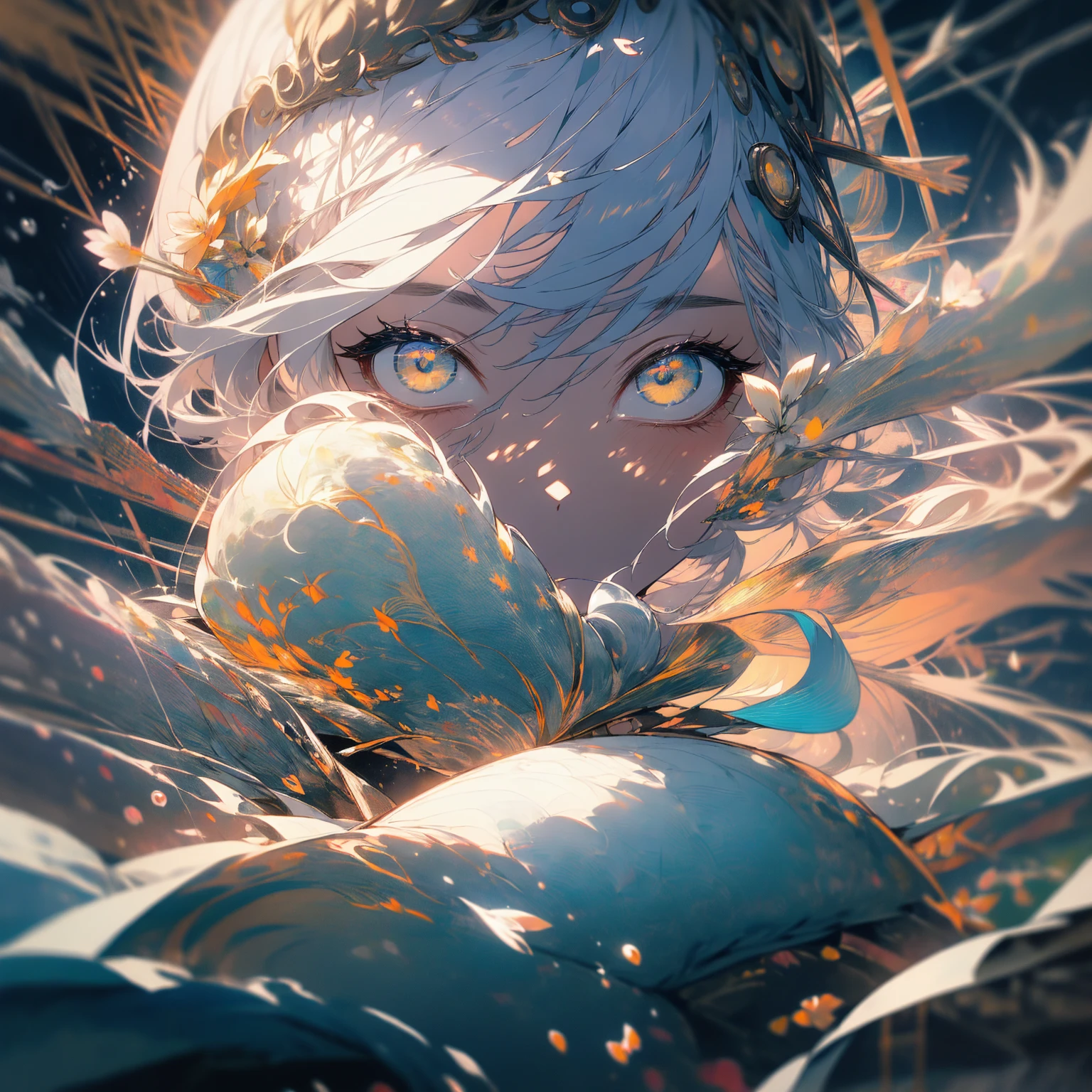 (((masterpiece))), (((Highest quality))), Highly detailed 8k wallpaper, night, rain, Beautifully detailed skies, Beautiful and delicate water, alone, Angelic, 長いGray Hair, Gray Hair, White eyelashes, Beautiful Eyes, Yellow Eyes、Halo, Flower Hair Ornaments, White wing stripe、Japanese clothing、White kimono