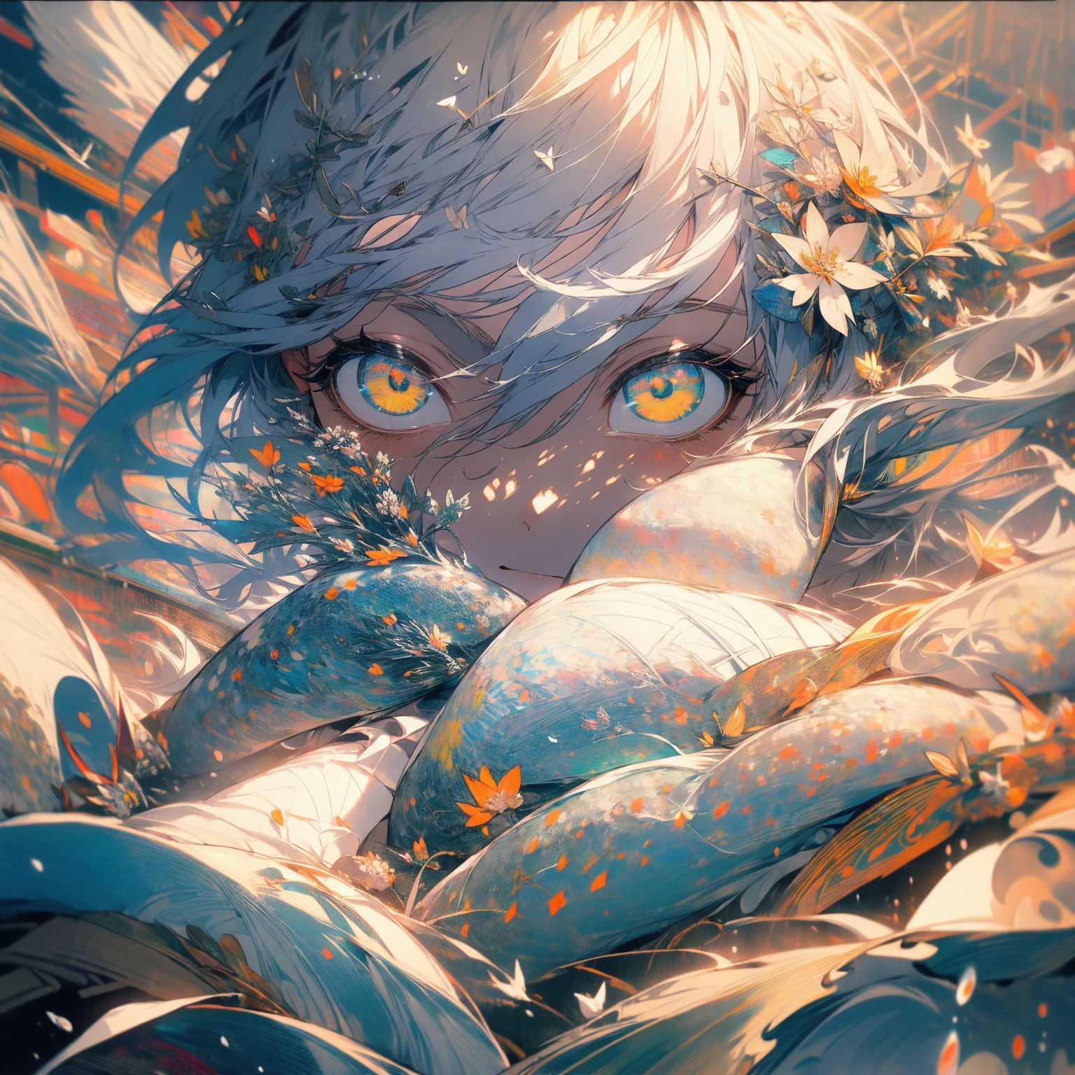 (((masterpiece))), (((Highest quality))), Highly detailed 8k wallpaper, night, rain, Beautifully detailed skies, Beautiful and delicate water, alone, Angelic, 長いGray Hair, Gray Hair, White eyelashes, Beautiful Eyes, Yellow Eyes、Halo, Flower Hair Ornaments, White wing stripe、Japanese clothing、White kimono