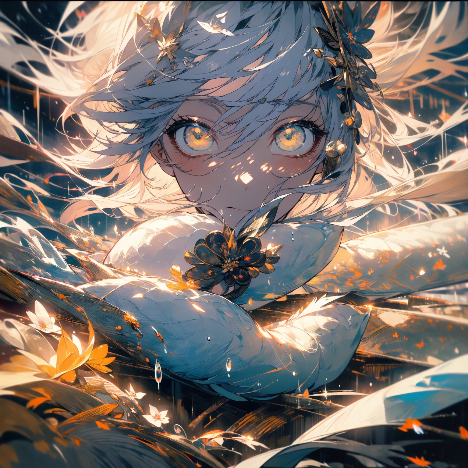 (((masterpiece))), (((Highest quality))), Highly detailed 8k wallpaper, night, rain, Beautifully detailed skies, Beautiful and delicate water, alone, Angelic, 長いGray Hair, Gray Hair, White eyelashes, Beautiful Eyes, Yellow Eyes、Halo, Flower Hair Ornaments, White wing stripe、Japanese clothing、White kimono