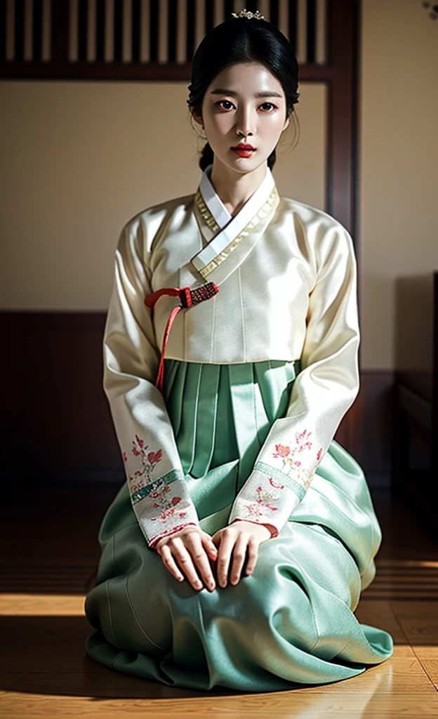 Gyeongbokgung, (masterpiece), (detailed), (intricate details), (realistic, photo-realistic:1.37),illustration, very delicate and beautiful, extremely detailed, CG,unity, 8K wallpapers, amazing, in detail, extremely detailed CG unity 8k, ultra-detailed, extremely detailed, extremely detailed eyes and face, upper body, looking at viewer, 1 woman, (38 year old Korean woman), pale skin, black hair, ponytail, Well-groomed hair , white hanbok, Correct clothes selection, slim body