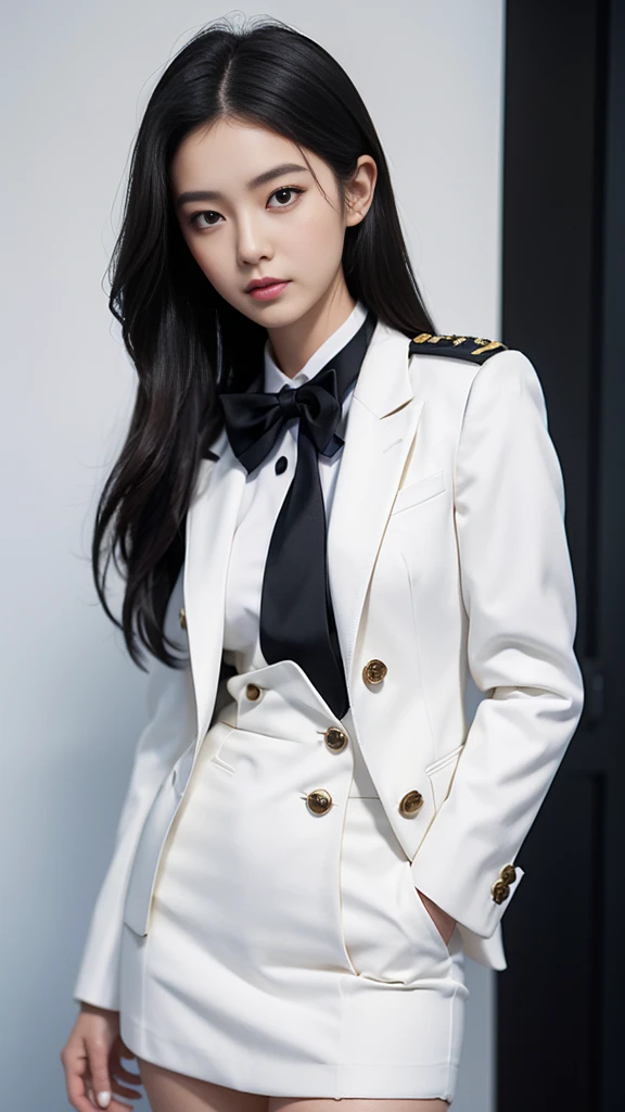 a portrait photo, beautiful face, All white outfit, military uniform, military rank insignia, business woman, beautiful woman, Wear a suit and tie, short skirt suit, business suitwhite, กระโปรงดินสอสั้นwhite, business suitรัดรูป, All white outfit, Emphasize the curves of the body, (Beautiful girl with two meter long hair, my hair is very long., extra long hair, black hair), business suit, (Italian style suit, two button suit), (Italian suit, white สูท, Set of two buttons), (wearing a women&#39;s suit, Business Women Suit, white), (สูทผู้หญิงwhite), (เสื้อเชิ้ตwhite), necktie, (necktieสั้นสีดำ, necktieสีดำ, necktieผอม, ถักnecktie), (military rank insignia), (Short pencil skirtwhite), (Dynamic posts), full body, (A gigantic rift), (big breasts, thin body, small waist, hips raised, small thighs, Long legs), high-heelsสีดำ, (Short pencil skirt, white), Wearing a suit for a business woman, (Wearing a white businesสูท, business suitหญิงwhite), (tight, military regalia, เสื้อwhite, กระโปรงwhite), Long legs, (black shoes), (Form fitting suit, เสื้อสูทwhiteทรงธรรมดารัดรูป), (black shoes, high-heels), (stand, walk, elegant gesture, Dynamic posts), short dress, earring, Slick legs, black shoes, Modeling,