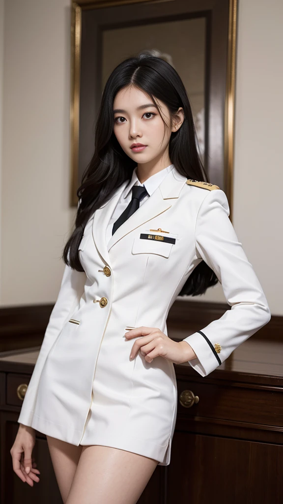 a portrait photo, beautiful face, All white outfit, military uniform, military rank insignia, business woman, beautiful woman, Wear a suit and tie, short skirt suit, business suitwhite, กระโปรงดินสอสั้นwhite, business suitรัดรูป, All white outfit, Emphasize the curves of the body, (Beautiful girl with two meter long hair, my hair is very long., extra long hair, black hair), business suit, (Italian style suit, two button suit), (Italian suit, white สูท, Set of two buttons), (wearing a women&#39;s suit, Business Women Suit, white), (สูทผู้หญิงwhite), (เสื้อเชิ้ตwhite), necktie, (necktieสั้นสีดำ, necktieสีดำ, necktieผอม, ถักnecktie), (military rank insignia), (Short pencil skirtwhite), (Dynamic posts), full body, (A gigantic rift), (big breasts, thin body, small waist, hips raised, small thighs, Long legs), high-heelsสีดำ, (Short pencil skirt, white), Wearing a suit for a business woman, (Wearing a white businesสูท, business suitหญิงwhite), (tight, military regalia, เสื้อwhite, กระโปรงwhite), Long legs, (black shoes), (Form fitting suit, เสื้อสูทwhiteทรงธรรมดารัดรูป), (black shoes, high-heels), (stand, walk, elegant gesture, Dynamic posts), short dress, earring, Slick legs, black shoes, Modeling,