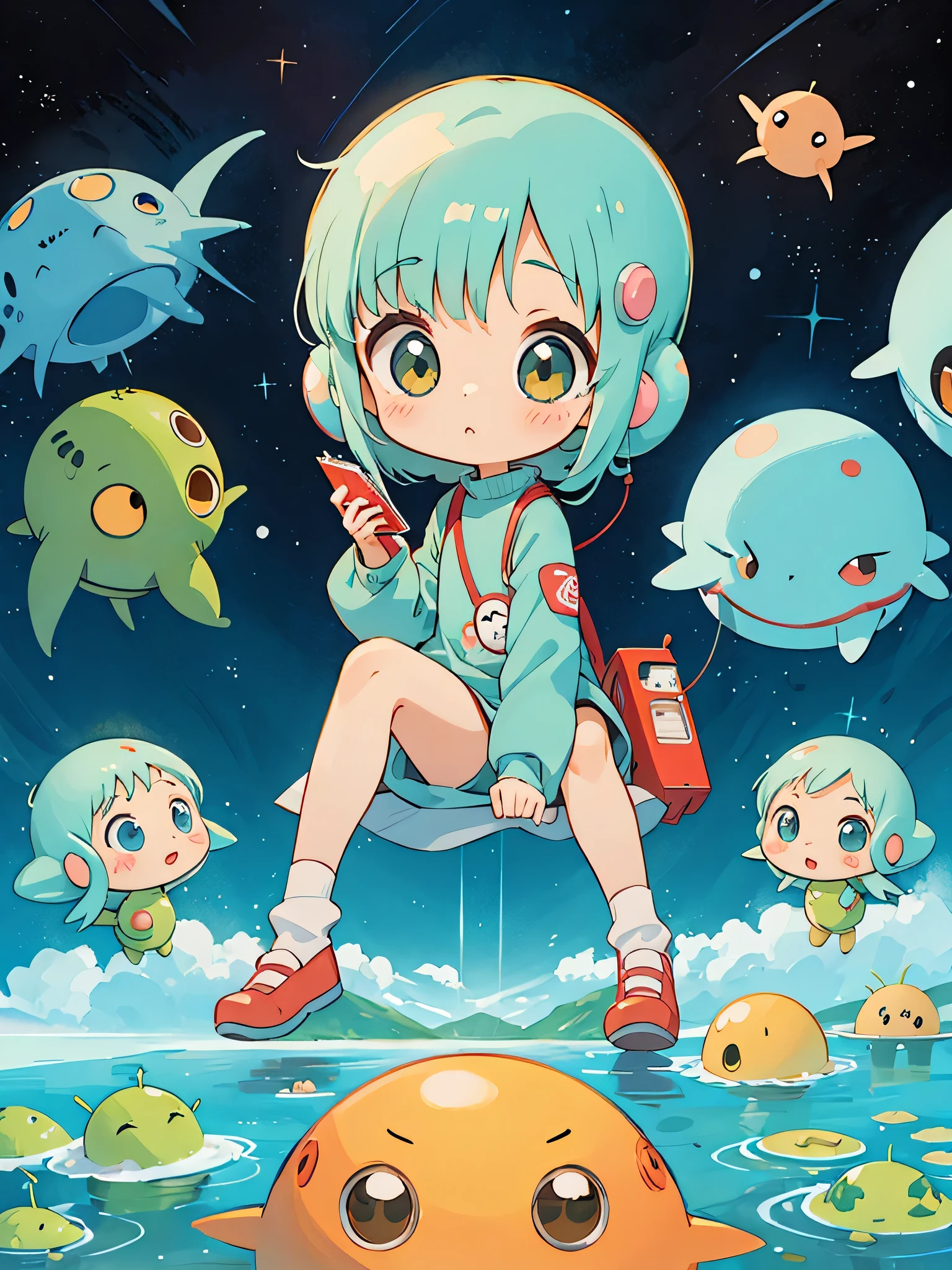 hayao miyazaki style, Kawaii Design, The most beautiful girl of all time、chibi, (((Good and bad aliens))) , Mars exploration