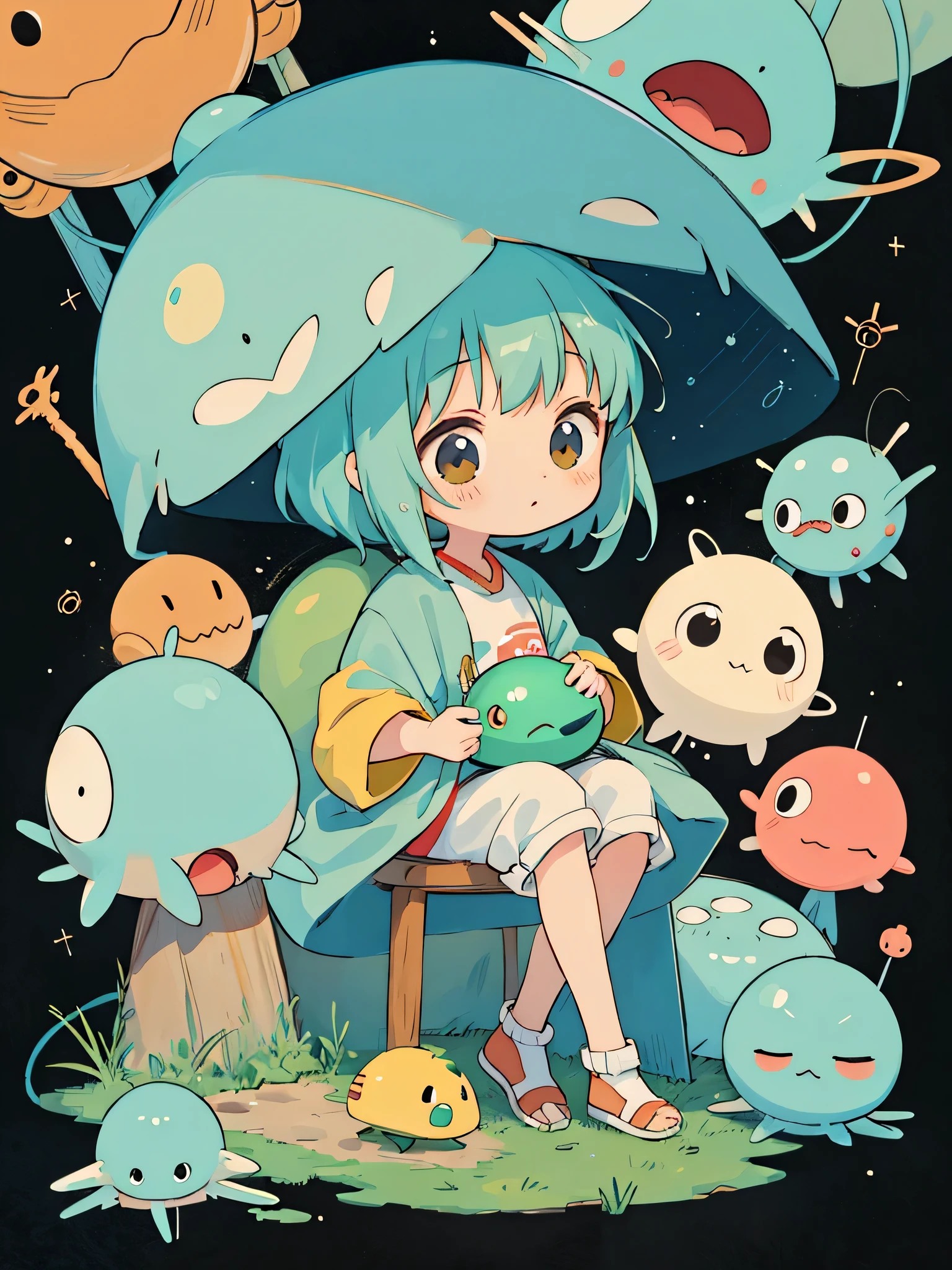 hayao miyazaki style, Kawaii Design, The most beautiful girl of all time、chibi, (((Good and bad aliens))) , Mars exploration