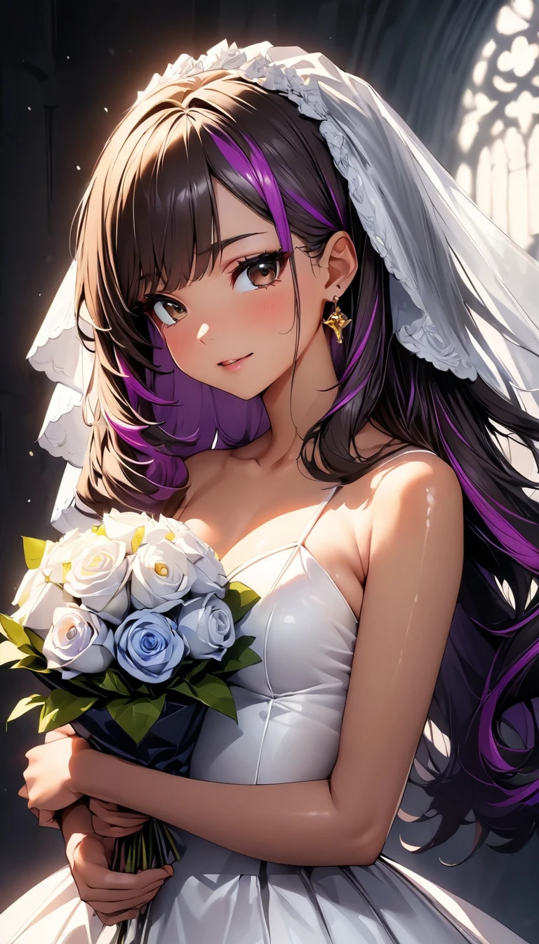 (highest quality:1.2, Very detailed, up to date, Vibrant, Ultra-high resolution, High Contrast, masterpiece:1.2, highest quality, Best aesthetics), Portraiture、girl、((25-years-old:1.3)), princess line wedding dress, (wedding veil:1.2), (holding white bouquet), white bouquet, Bright colors、Beautiful fine details、Beautiful lip detail, long hair、black and purple ((streaked hair:1.6)), highlights hair: 1.5, brown eyes, gold earrings, ((slim body:1.4)), (small breast:0.7), (dark skin:0.3)), inside the charch, spot light, (cowboy shot:1.5),