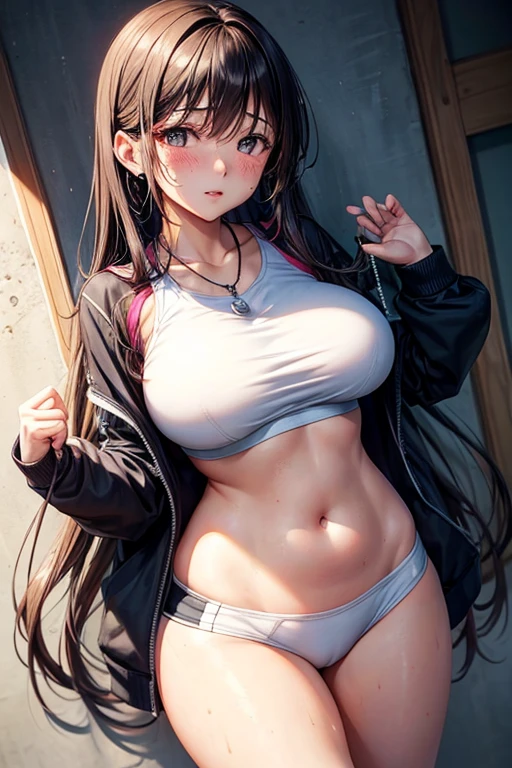 Kaori, Single model, solo, half Asian, half Latino, very long straight black hair, freckles, blushing, wet eyes, long chain pendant, very large heavy breasts, chubby, belly, stretchmarks, sports bra, tracksuit