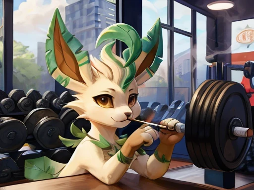 A feral Leafeon in a gym doing triceps curls while smoking a cigarette, your appearance is calm, holding weights with one paw 
