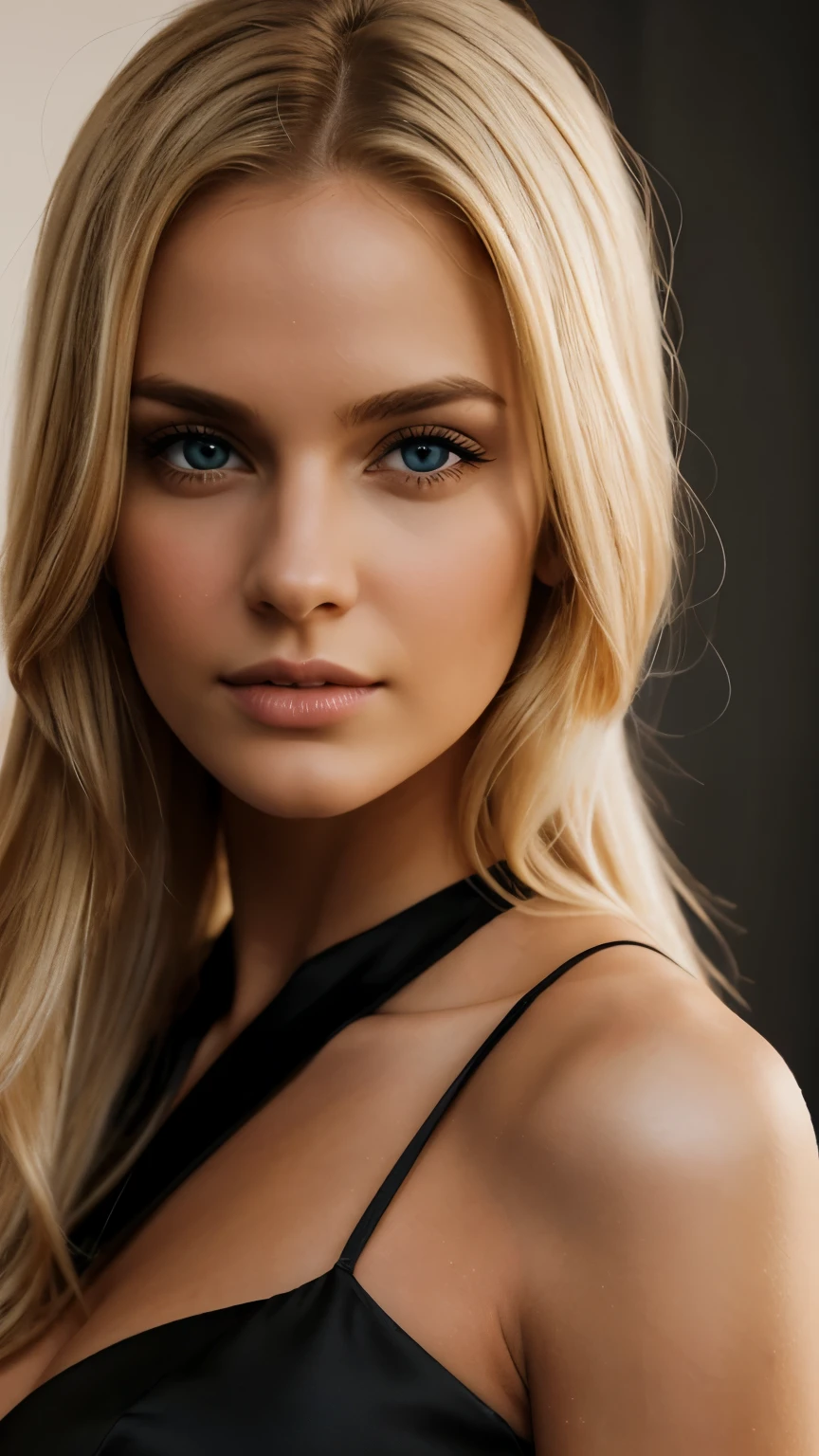 Close-up, beautiful blonde, studio with good light: girl model posing in a black dress, beautifully lit, Epic scale, ultra high resolution. photorealistic:.1.4, (highly detailed skin:1.2),