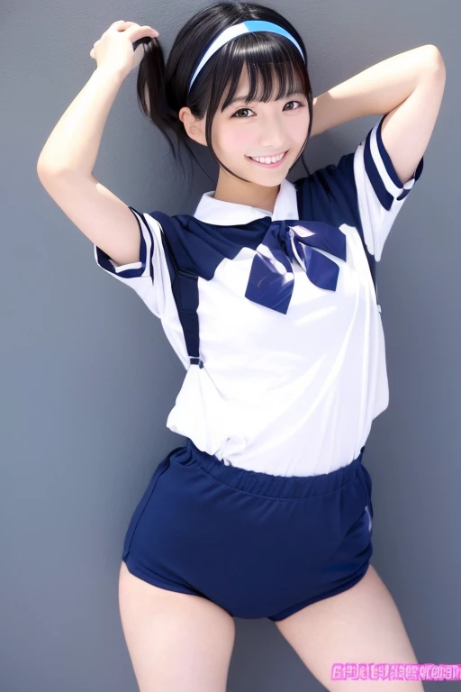 One girl, Japanese women in their 20s、Female police officer、f Solo, High resolution, chest, Gaze, Shortcuts, Black Hair, hair band, Anatomically correct, masterpiece, 大きなchest, Navy Blue Bloomers、Big butt emphasis（1.4）Smiling with teeth showing, Simple Background